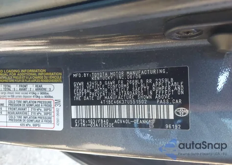 2007 Toyota Camry Le z USA, uszkodzony, nr VIN 4T1BE46K37U551502